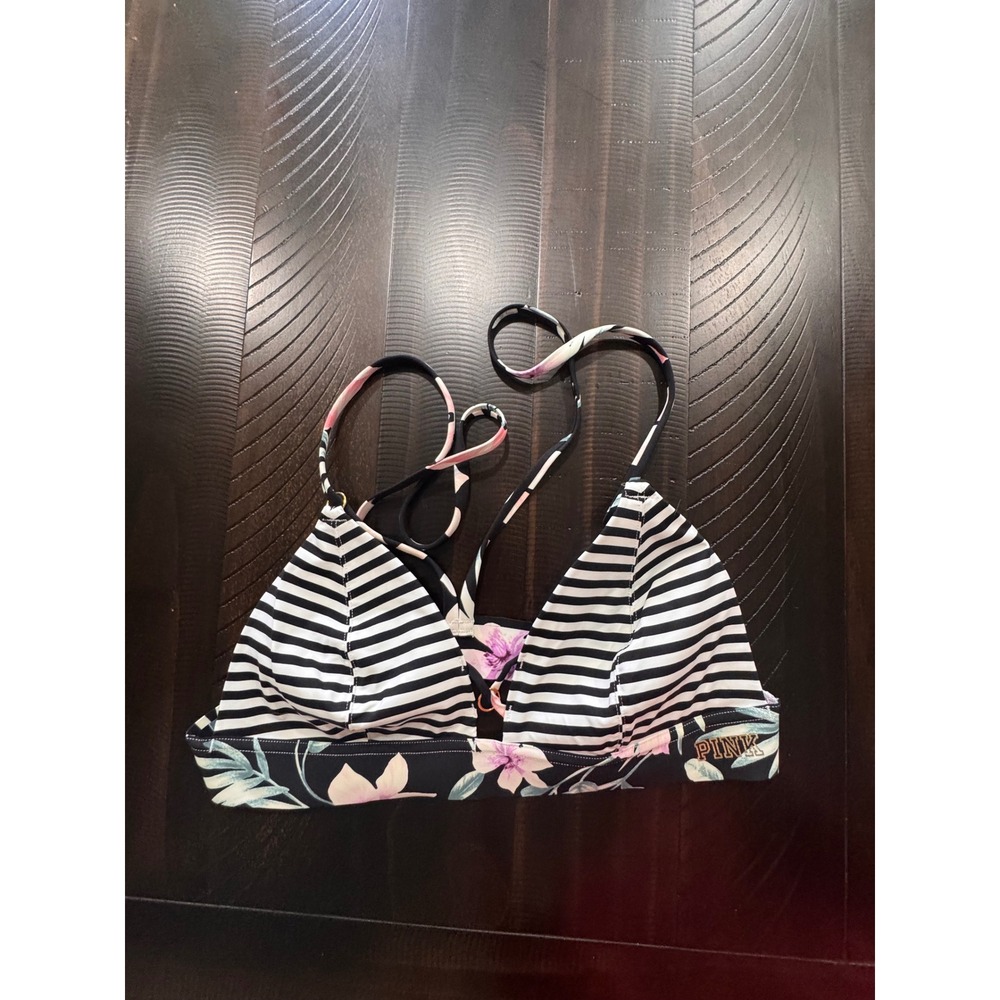Victorias Secret PINK Bonded Bikini Top Floral Striped Triangle Swim Black Large